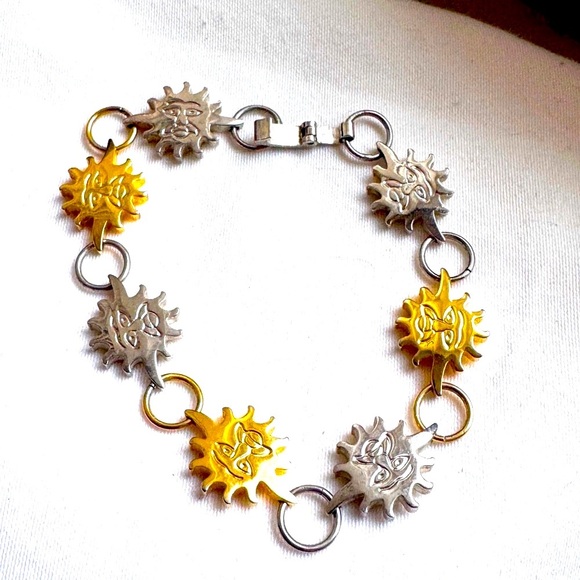 ☀️Vintage Stylish Mexican .925 Sterling Silver Two Tone Sun Motif Bracelet ☀️ - Picture 4 of 16